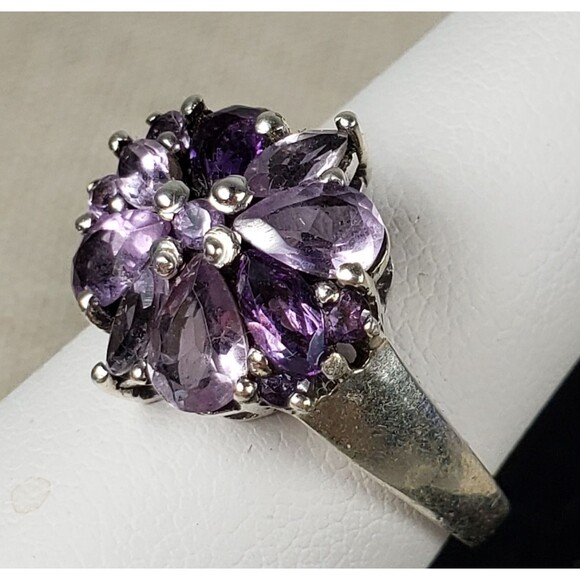 Vintage Purple Amethyst Flower Cocktail Ring 925 Sterling Silver Size 7 - Picture 11 of 16